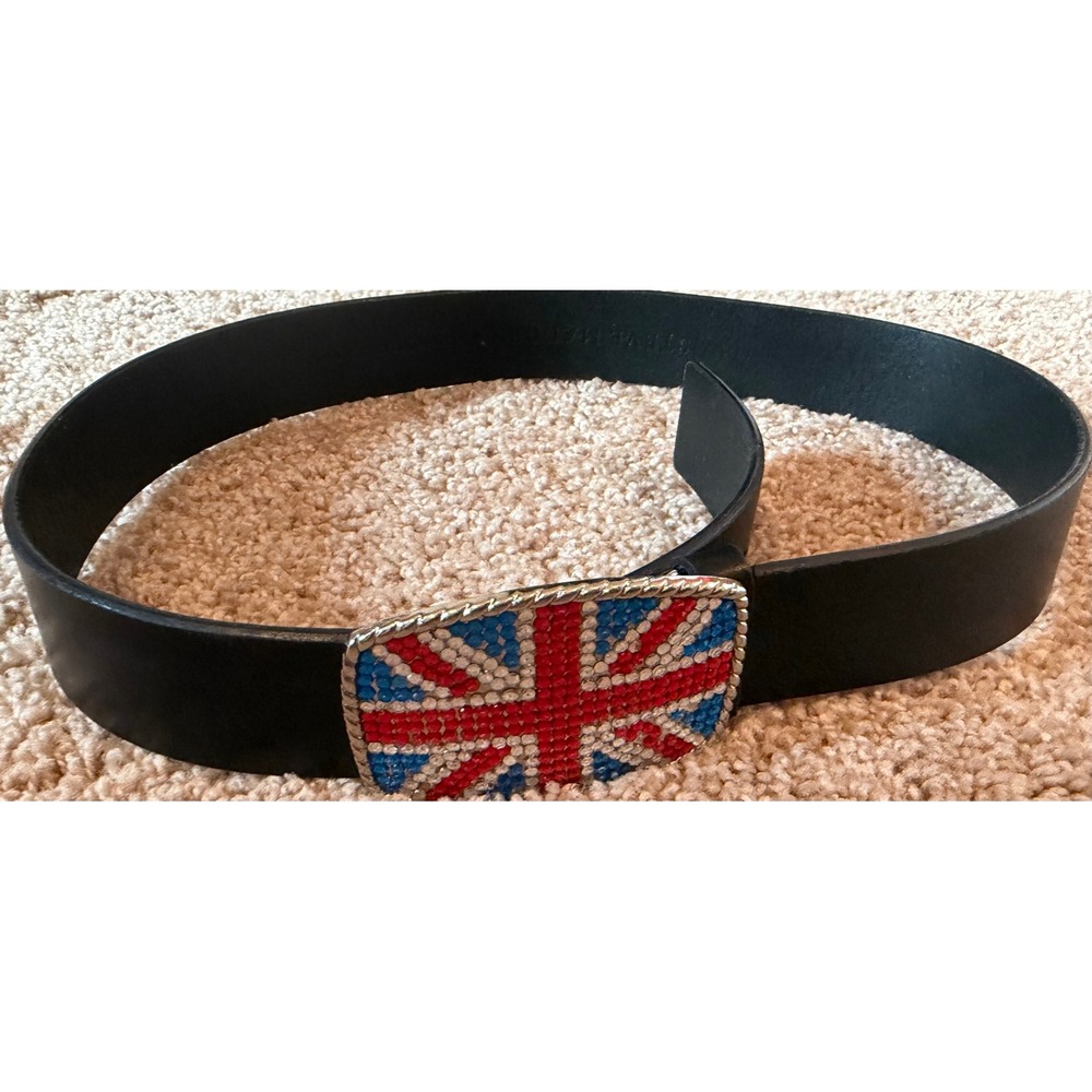 Black Leather Belt with Rhinestone Union Jack Flag Buckle British UK 32' inches